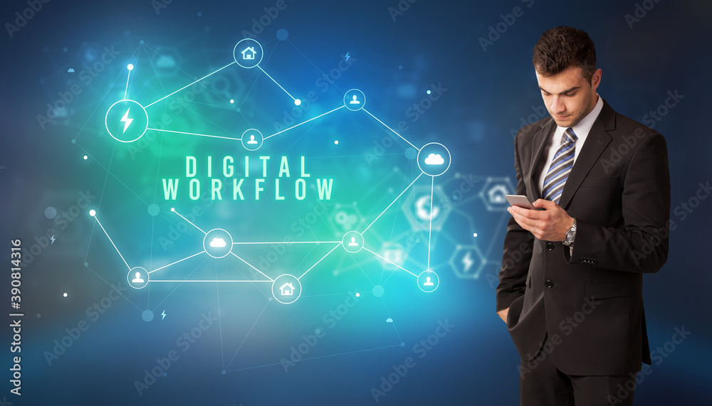 Businessman in front of cloud service icons with DIGITAL WORKFLOW inscription, modern technology concept Businessman in front of cloud service icons with DIGITAL WORKFLOW inscription, modern technology concept