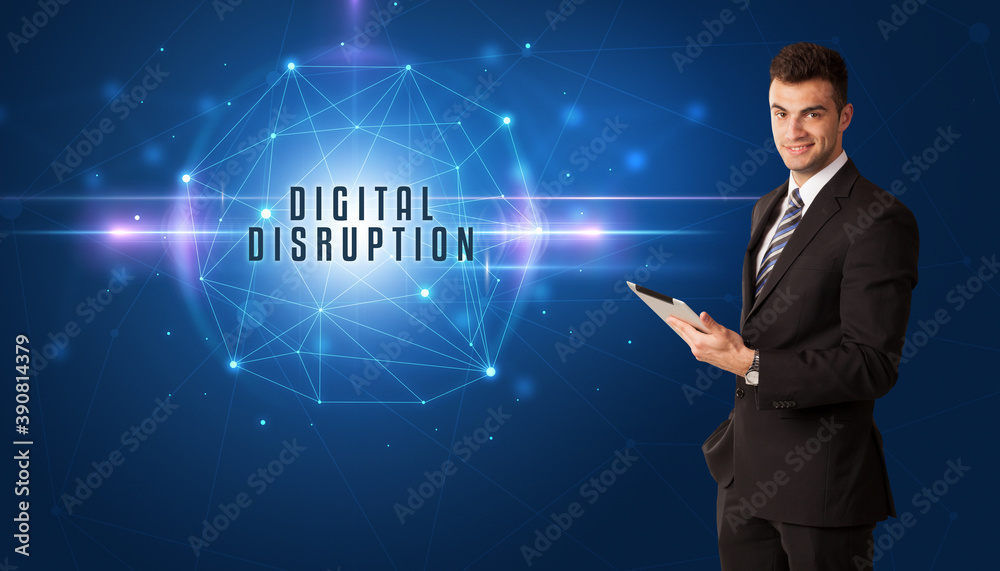 Businessman thinking about security solutions with DIGITAL DISRUPTION inscription Businessman thinking about security solutions with DIGITAL DISRUPTION inscription