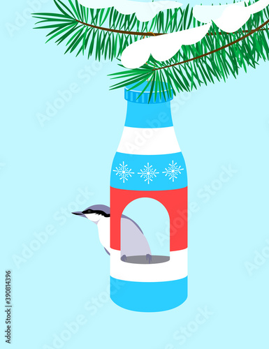 Nuthatch in the feeder. Winter crafts. Bird feeder with your own hands. Vector illustration.