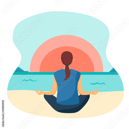 Woman do meditating at the sea. Female sitting in asana pose with relaxation mind. Mindfulness. Mental health care.