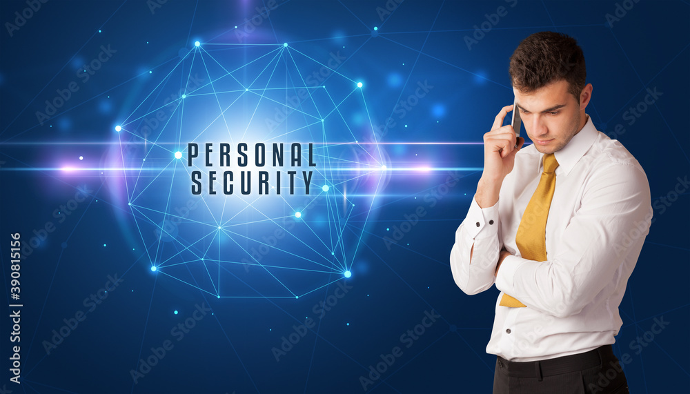 Businessman thinking about security solutions with PERSONAL SECURITY inscription Businessman thinking about security solutions with PERSONAL SECURITY inscription