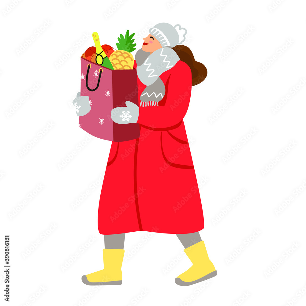 young woman in winter clothes carrying a package with new year products, tangerines, pineapple, champagne, vector illustration