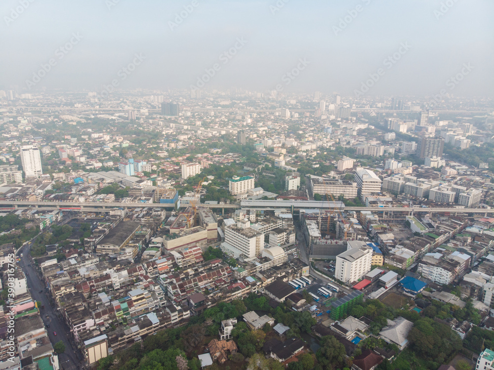 Aerial view city building with air pollution remains at hazardous levels PM 2.5 pollutants