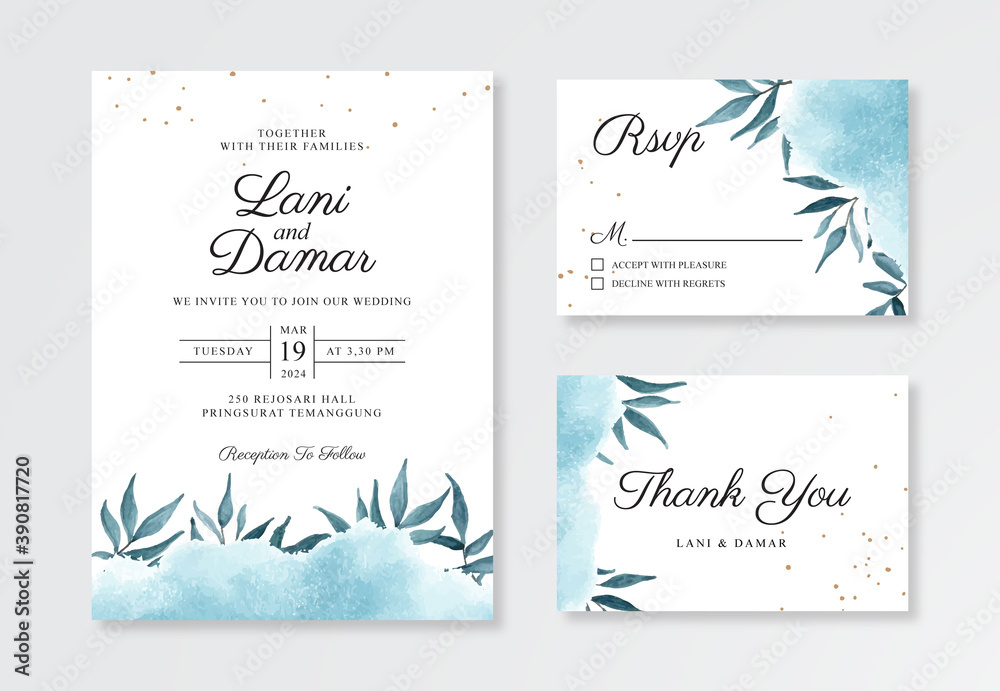 watercolor splash and leaves for a wedding invitation card template