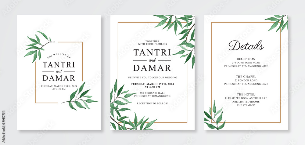 wedding invitation card template with watercolor foliage