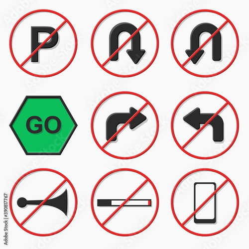 Set of road signs, vector illustration isolated on white background. Traffic sign concept in different shapes and forms.