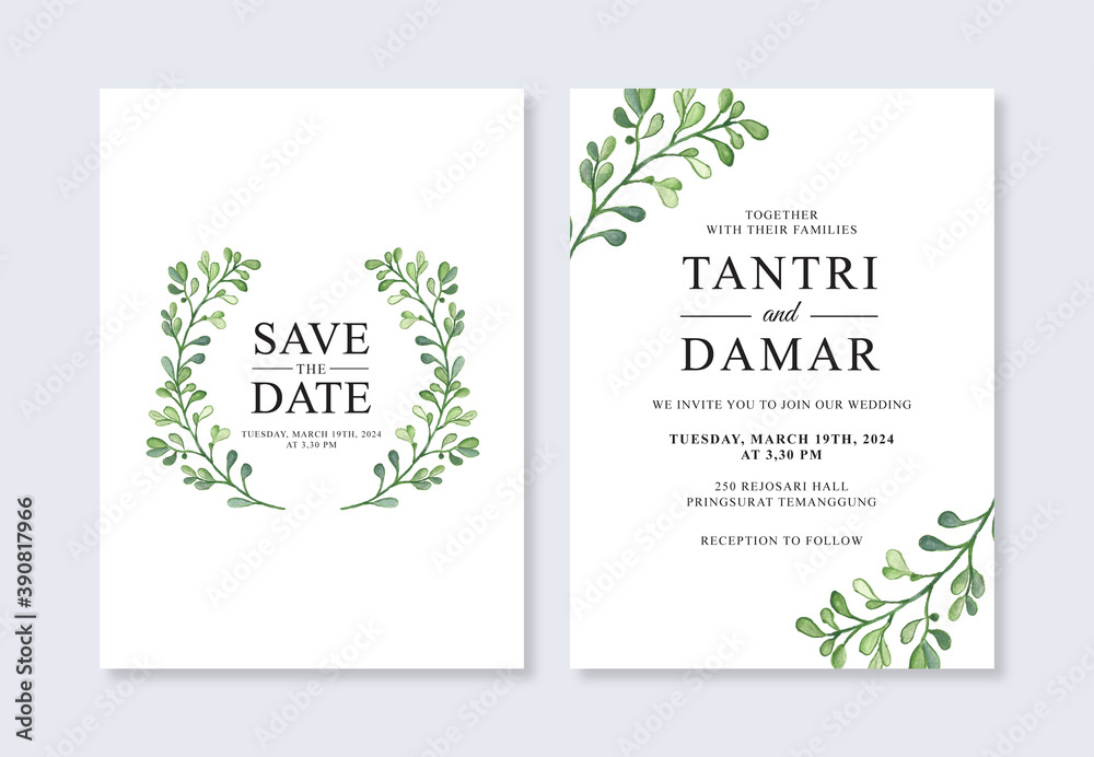 wedding invitation template with watercolor leaves