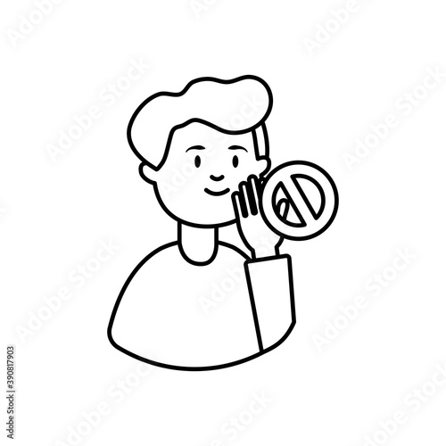 cartoon man touching his face and the forbidden sign, line style