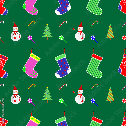 Christmas socks, sweets, trees and snowmans, New Year decorations. Seamless ornament texture, pattern, background and template. Vector