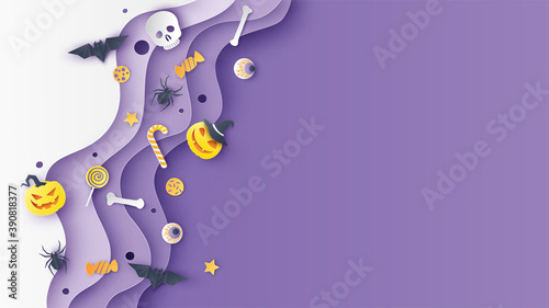 Layered paper cut curved shapes with items decorated for Halloween festival and blank space. Graphic design for Halloween. paper cut and craft style. vector, illustration.