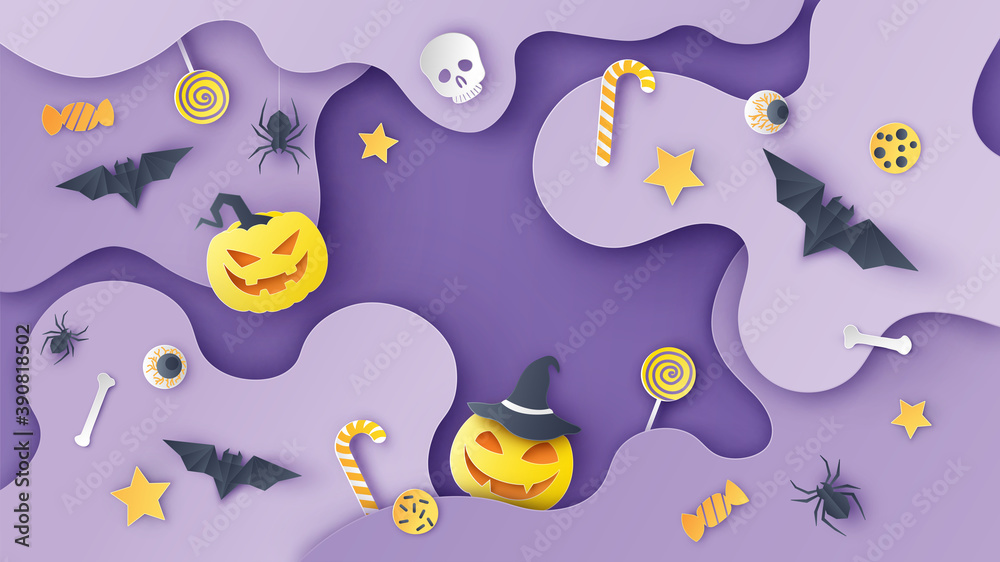 Layered paper cut curved shapes with items decorated for Halloween festival and blank space. Graphic design for Halloween. paper cut and craft style. vector, illustration. Layered paper cut curved shapes with items decorated for Halloween festival and blank space. Graphic design for Halloween. paper cut and craft style. vector, illustration.