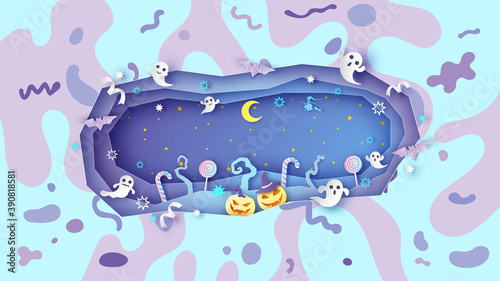 Layered paper cut design for Halloween night scene celebration with items decorate and blank space. Halloween festival. paper cut and craft style. vector, illustration.