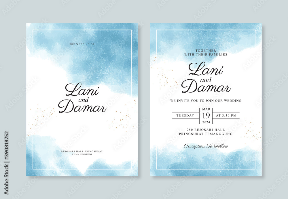 Beautiful wedding invitation template with blue watercolor splash