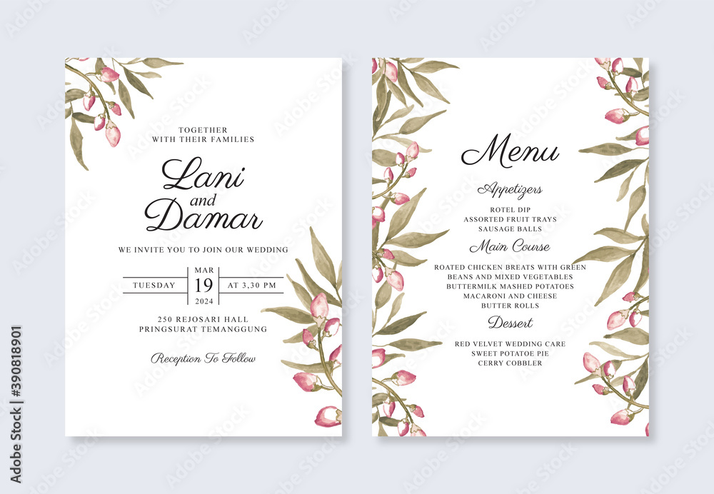Minimalist wedding intvitation template with hand painted watercolor foliage