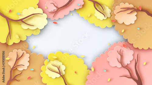 Looking up view from under trees in Autumn forest. Autumn nature and blank space. paper cut and craft style. vector, illustration.