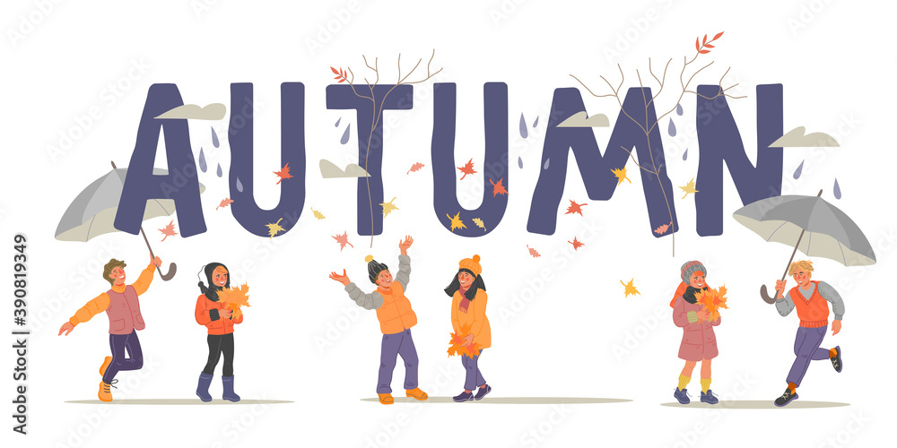 Naklejka premium Autumn web banner or poster background with children playing with leaves and walking under umbrella, flat vector illustration. Teens boys and girls characters in front of big word Autumn.