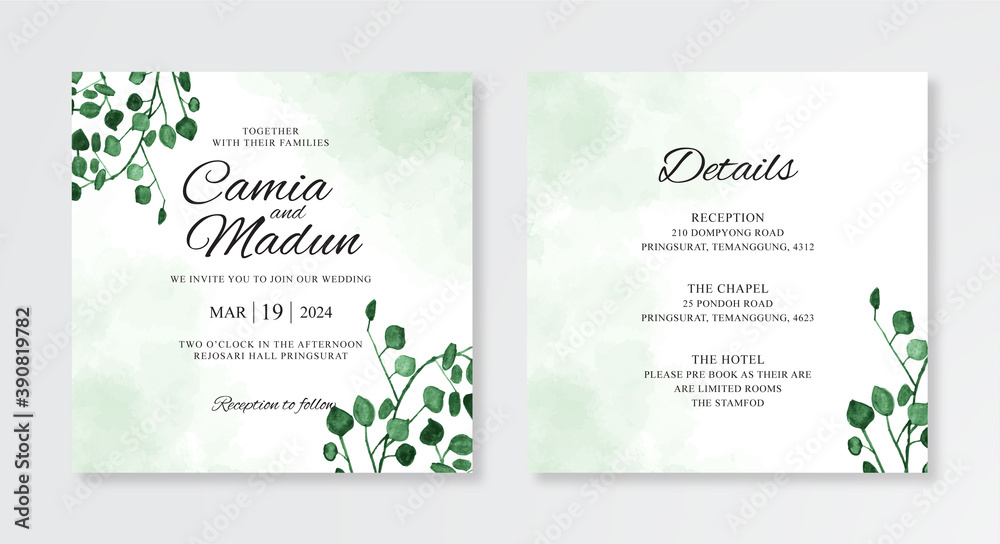 Minimalist wedding invitation template with hand painted watercolor splash and leaves