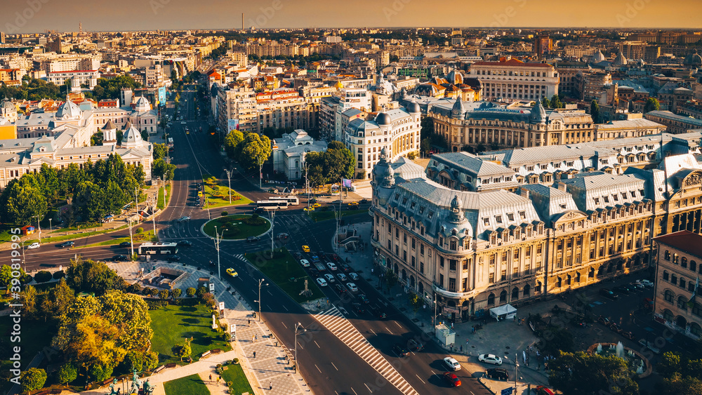 Bucharest top view from above during with an amazing city landscape during summer sunnset