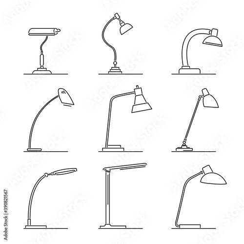 Set of simple vector images of table lamps drawn in art line style.