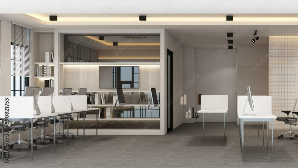 Working area in modern office with carpet floor and meeting room. interior 3d rendering