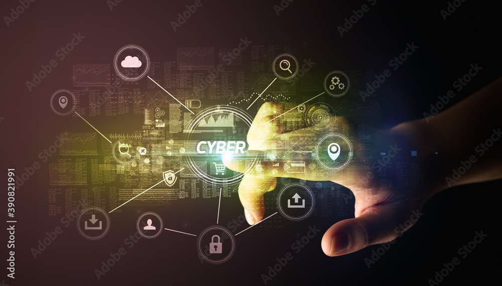 Hand touching CYBER inscription, Cybersecurity concept