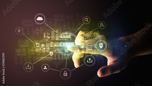 Hand touching CYBER inscription, Cybersecurity concept