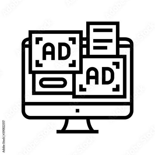 advertisement banners on computer screen line icon vector. advertisement banners on computer screen sign. isolated contour symbol black illustration