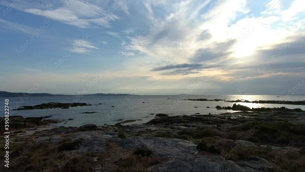 Coastline of Carreiron natural park in Arousa Island at cloudy sunset Coastline of Carreiron natural park in Arousa Island at cloudy sunset