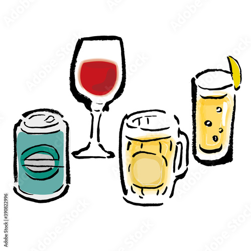 いろんなお酒、飲み物のポップな手描きイラスト