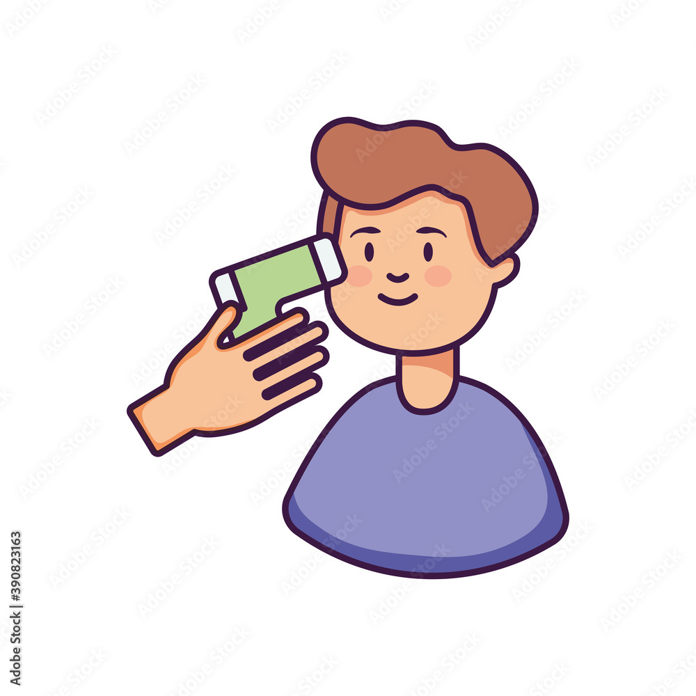 cartoon man and hand with infrared thermometer, flat style cartoon man and hand with infrared thermometer, flat style