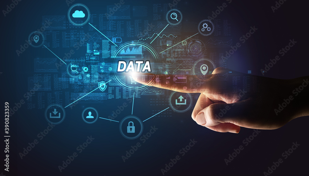 Hand touching DATA inscription, Cybersecurity concept Hand touching DATA inscription, Cybersecurity concept