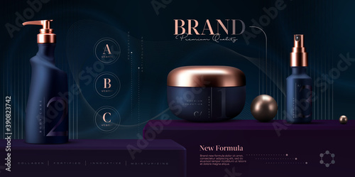 Elegant cosmetic products set background. Vector 3D Premium cream jar for skin care products. Luxury facial cream. Cosmetic ads flyer or banner design. Cosmetic poster template. Make up products brand