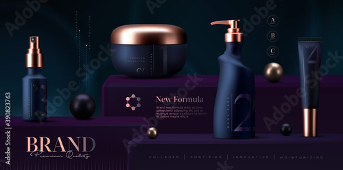 Elegant cosmetic products set background. Vector 3D Premium cream jar for skin care products. Luxury facial cream. Cosmetic ads flyer or banner design. Cosmetic poster template. Make up products brand