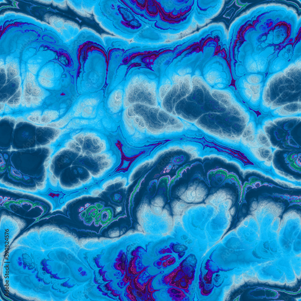 Fototapeta premium Seamless fractal marble vibrant ornate jpg pattern. High quality illustration. Intense and mysterious energetic seamless surface design. Detailed and vivid glowing marbled pattern.