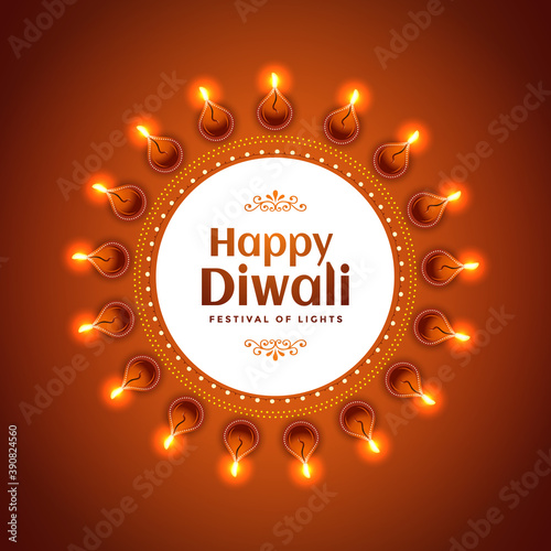 Decoration of illuminated oil lamps (Diya) and text for Happy Diwali celebration. Vector Design.