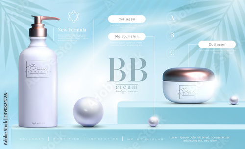 Elegant cosmetic products set background. Vector 3D Premium cream jar for skin care products. Luxury facial cream. Cosmetic ads flyer or banner design. Cosmetic poster template. Make up products brand