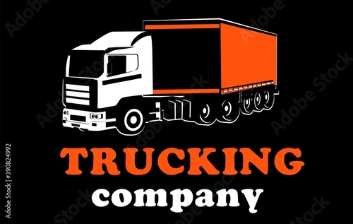 Logistic transportation trucking company logo on black background, three truck and plane jet above them, monochrome vector template