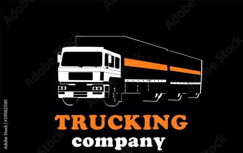 Logistic transportation trucking company logo on black background, three truck and plane jet above them, monochrome vector template