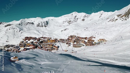 Val Thorens holiday ski resort in French Alps, winter landscape, aerial view photo