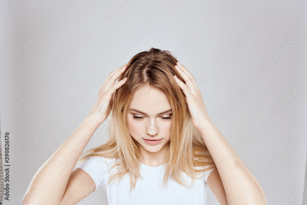 emotional blonde white t-shirt close-up studio lifestyle fun emotional blonde white t-shirt close-up studio lifestyle fun