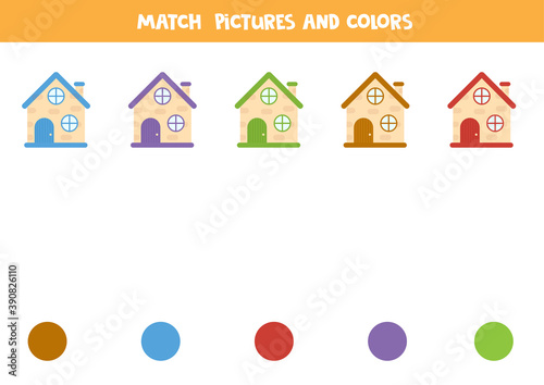 Color matching game with cartoon houses. Worksheet for kids.