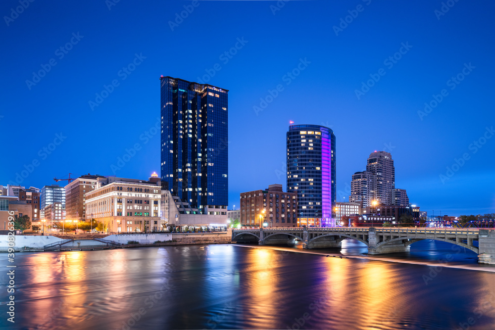Grand Rapids, Michigan, USA downtown skyline on the Grand River Stock