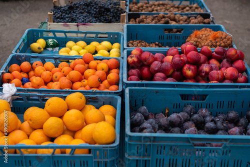 Colorful fruits and vegetables in an open market