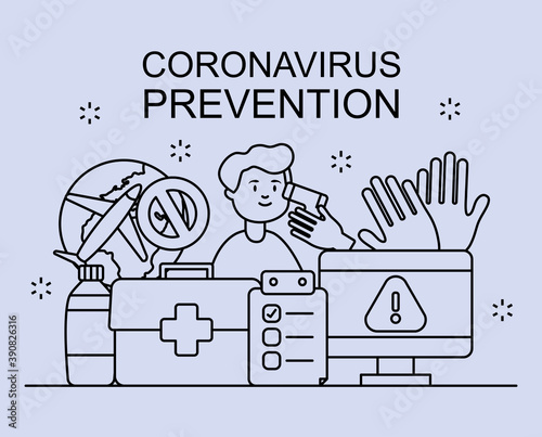 coronavirus prevention design with man and related icons around, flat style