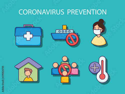 first aid and coronavirus prevention icon set, flat style