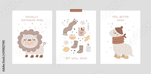 Milestone cards collection with cute baby animals and wishes quotes Get well soon. Feel good soon. Socially distanced hugs. Natural medicine, hot drinks, ginger, honey, socks, lemon, camomile, mask