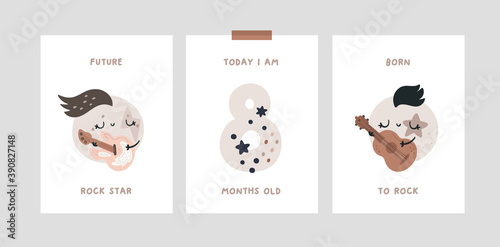 Milestone card for newborn girl or boy with with cartoon planets, moons. Rock star, music theme design elements for kids. Rock a bye baby.  Baby step cards. Hello I am new here. Baby shower print