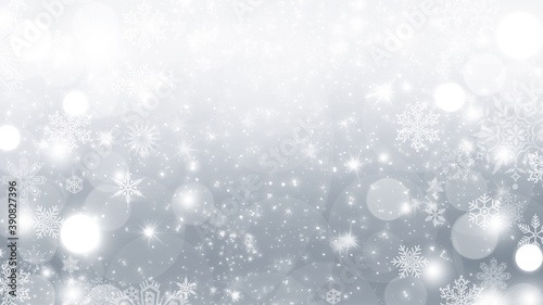 Winter silver and white gradient bokeh background with circles, sparkles and snowflakes