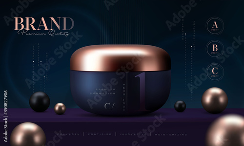 Elegant cosmetic products set background. Vector 3D Premium cream jar for skin care products. Luxury facial cream. Cosmetic ads flyer or banner design. Cosmetic poster template. Make up products brand