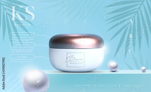 Elegant cosmetic products set background. Vector 3D Premium cream jar for skin care products. Luxury facial cream. Cosmetic ads flyer or banner design. Cosmetic poster template. Make up products brand